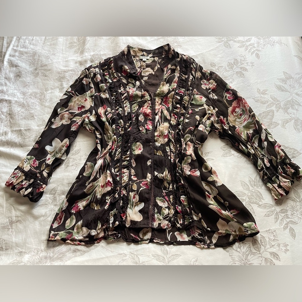 Y2K Chocolate‎ Brown Floral Lace Ruched Top XL Fairycore Forest Nymph Boho Fae
